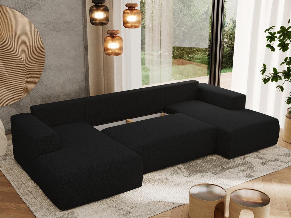 WOHNLANDSCHAFT TRENTINO U Schwarz Boucle - Schwarz, Textil (334/91/163cm) - MKS