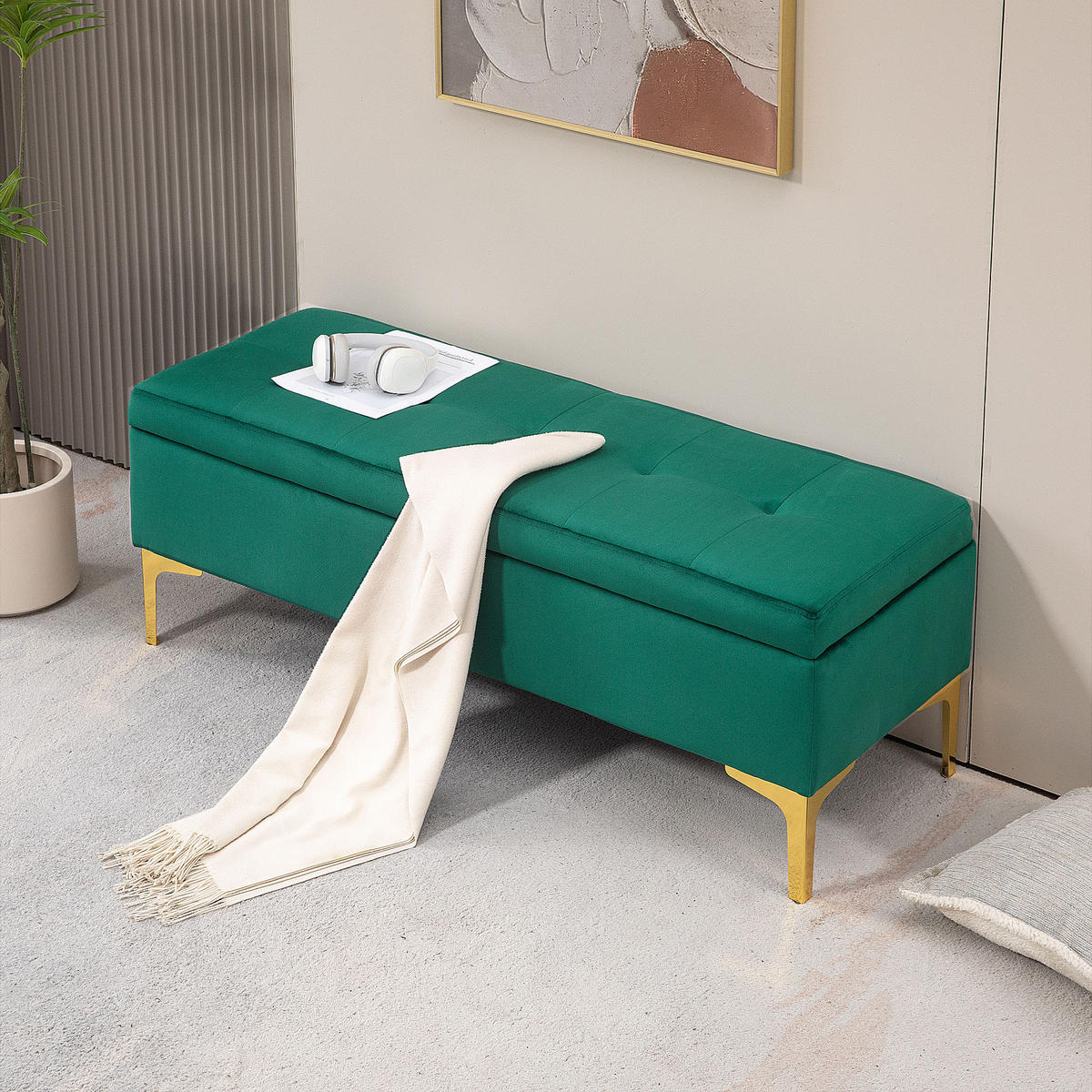 SITZBANK mit Stauraum, Polsterbank mit Samtoptik, Metallbeine, für Wohnzimmer - Goldfarben/Grün, Kunststoff/Textil (44/44.5/120cm) - HOMCOM