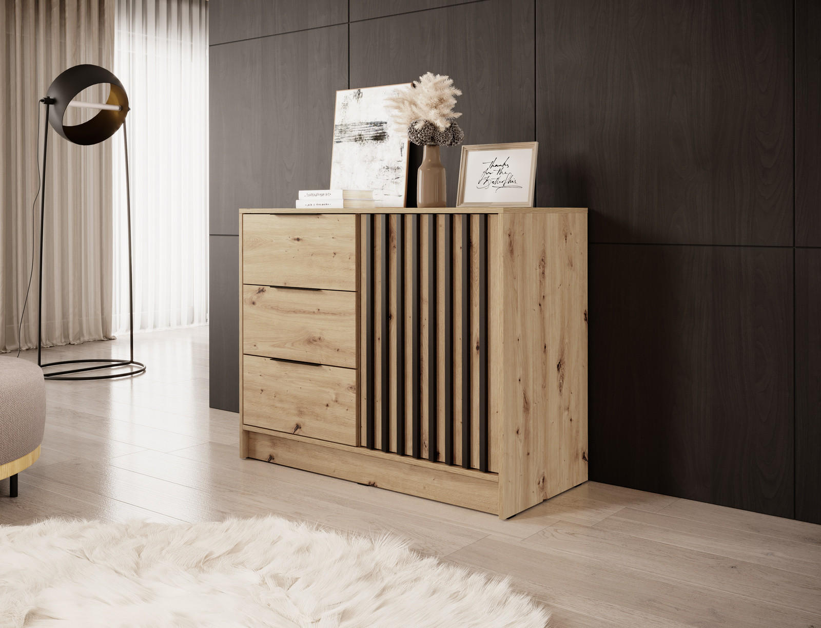 KOMMODE Stilo 105 cm in Eiche Artisan + schwarze Lamellen - Schwarz/Eiche Artisan, Holz/Holzwerkstoff (105/86/45cm) - Ravio