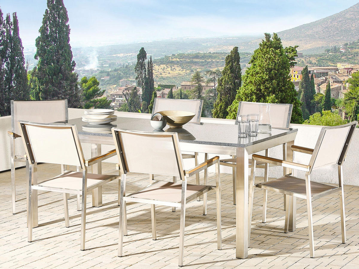 GARTENMÖBEL SET 6-Sitzer Granit grau poliert Textilbespannung beige Grosseto - Beige/Silberfarben, Metall - Beliani
