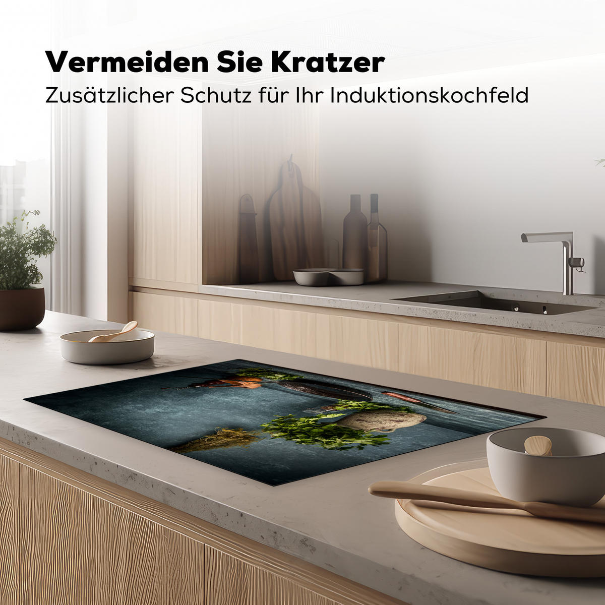 HERDABDECKPLATTE Kräuter - Gewürze - Pfanne - Messer - Grau - Rustikal 80x52 cm - Petrol, Kunststoff (80/52/0.2cm) - MuchoWow