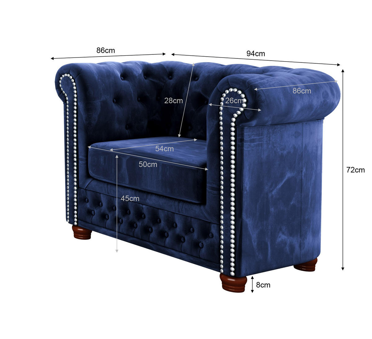 SITZGARNITUR 3+2+1 Chesterfield Lauren Marineblau Samt - Dunkelblau/Braun, Holz/Textil (203/72/86cm) - S-Style Möbel