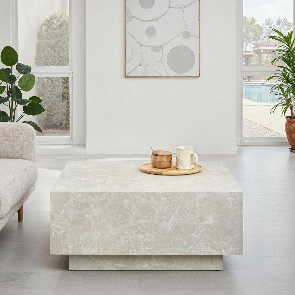 COUCHTISCH Lasley,inkl. Bodenschoner, Belastbarkeit 45 kg,Travertin Optik - Beige, Holz (80/80/35cm) - tectake