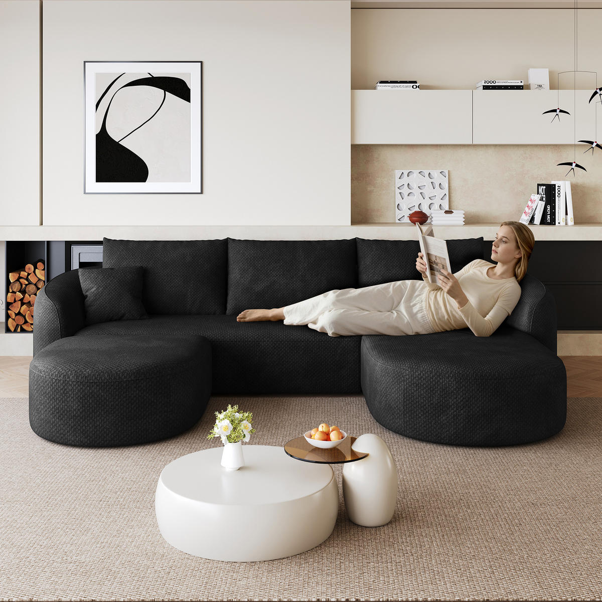 WOHNLANDSCHAFT Schwarz 266/168/85 cm 5-Sitzer Modular Chenillebezug - Schwarz, Textil (266/85/168cm) - PANGIVO
