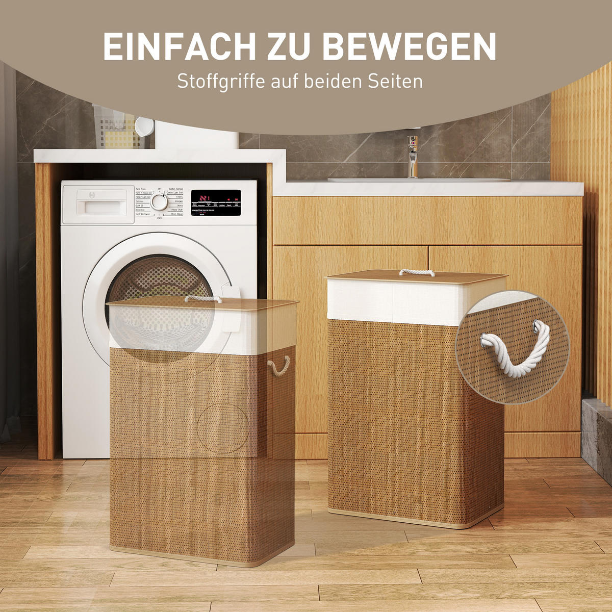 BAMBUS Wäschekorb mit Deckel 72 L Wäschesammler mit Seilgriffen Braun - Braun, Naturmaterialien (30/60/40cm) - HOMCOM