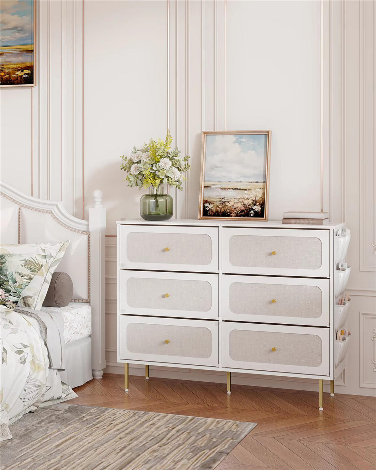 KOMMODE 6 Stoffschubladen Sideboard Metallrahmen 110/98/30 cm, Weiß - Weiß, Textil (110/98/30cm) - Coonoor