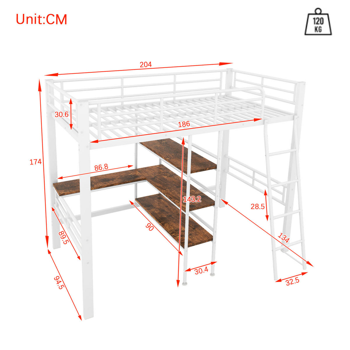 HOCHBETT 90/200 cm Weiß aus Metall mit Schreibtisch - Weiß, Metall (90/200cm) - OKMYHOME