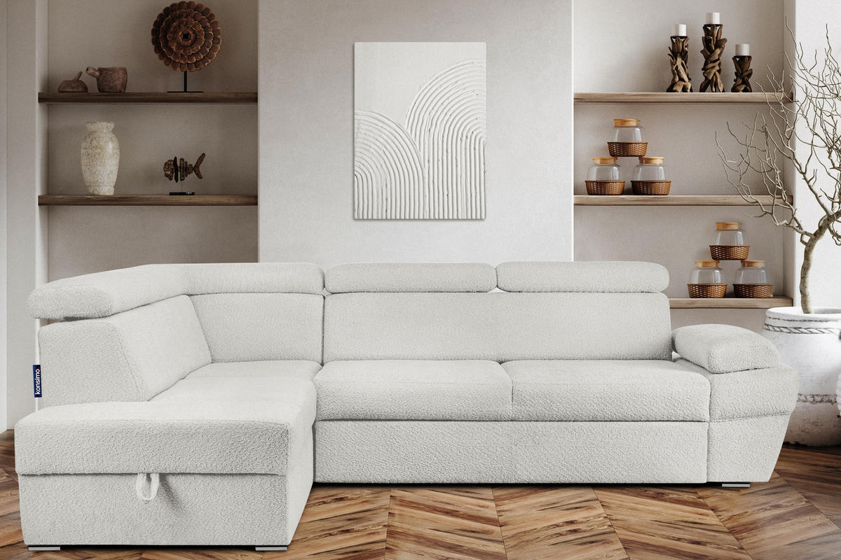 SCHLAFECKSOFA RATLO links 4/5-Sitzer mit Bettkasten, Cremeweiß - Silberfarben/Creme, Textil (270/190cm) - KONSIMO®