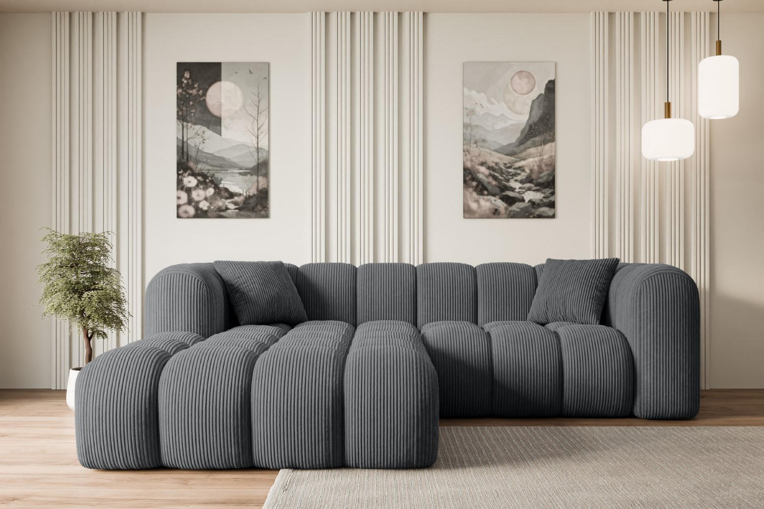ECKSOFA Ottomane Links OLEA-L1 - 231x173x74 cm Dunkelgrau Cord - Dunkelgrau/Schwarz, Holzwerkstoff/Kunststoff (190/242cm) - ALTDECOR