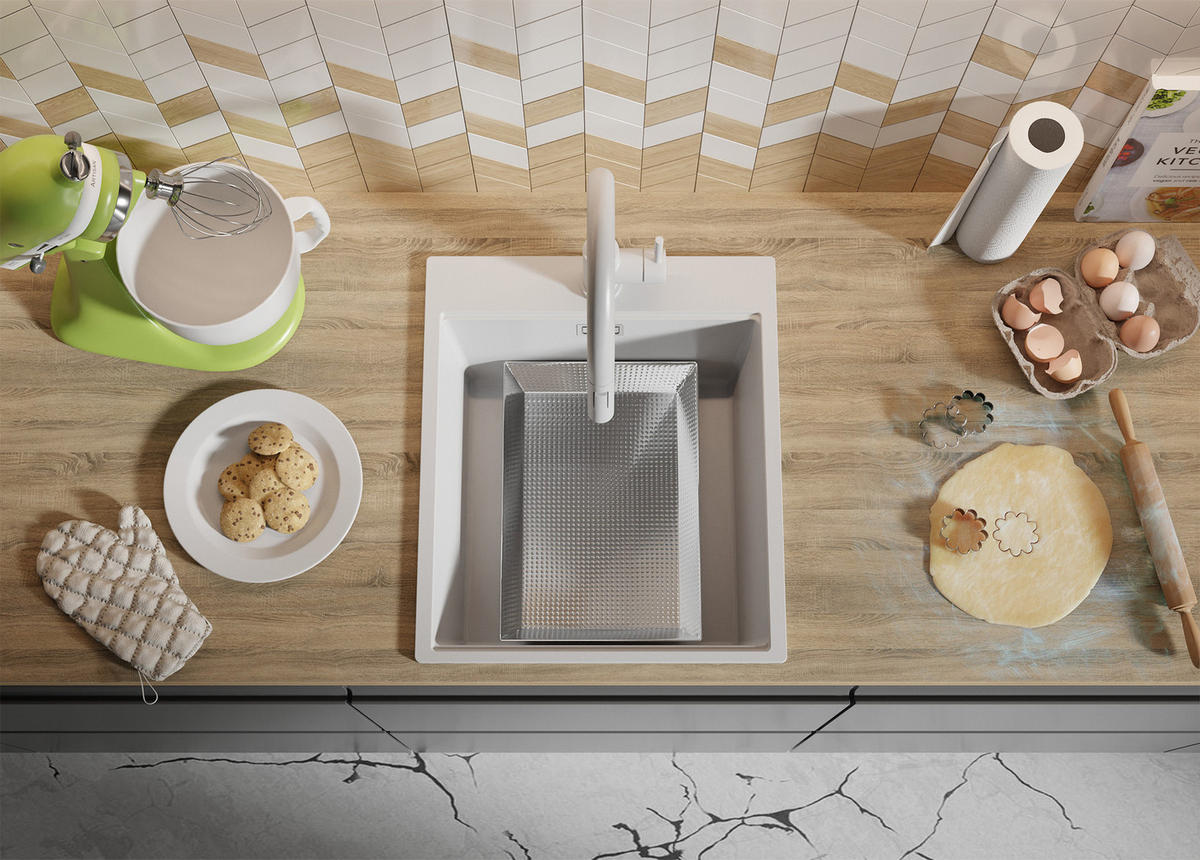 GRANITSPÜLE Oslo, 2-er set Weiß 43/50 cm 1 Becken + Küchenarmatur 32/20 cm + Ablauf-Set + Schneidebrett ab 45er Unterschrank - Chromfarben/Beige, Kunststoff (43/20/50cm) - Primagran