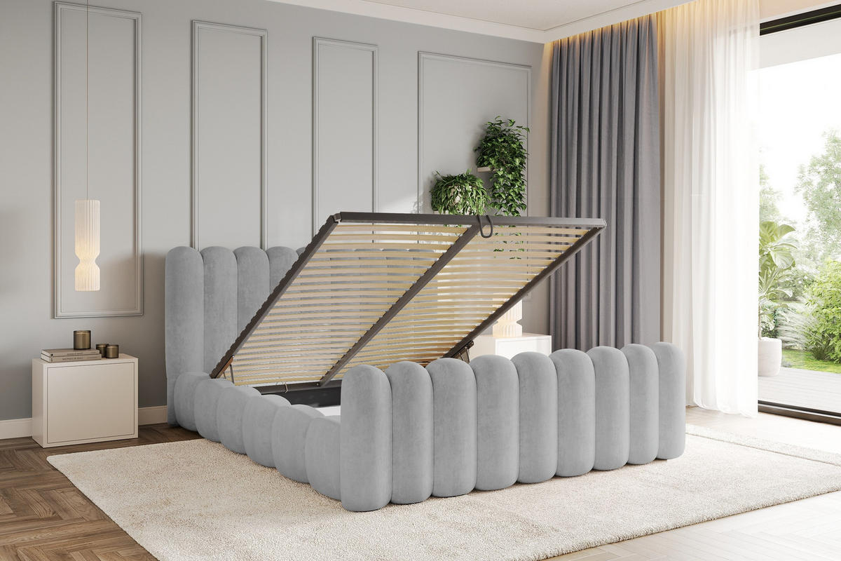 POLSTERBETT mit Bettkasten, Fußteil und Lattenrost, Boxbett ohne Matratze - SENA-Z 160x200 Grau - Hellgrau, Holzwerkstoff/Textil (160/200cm) - ALTDECOR