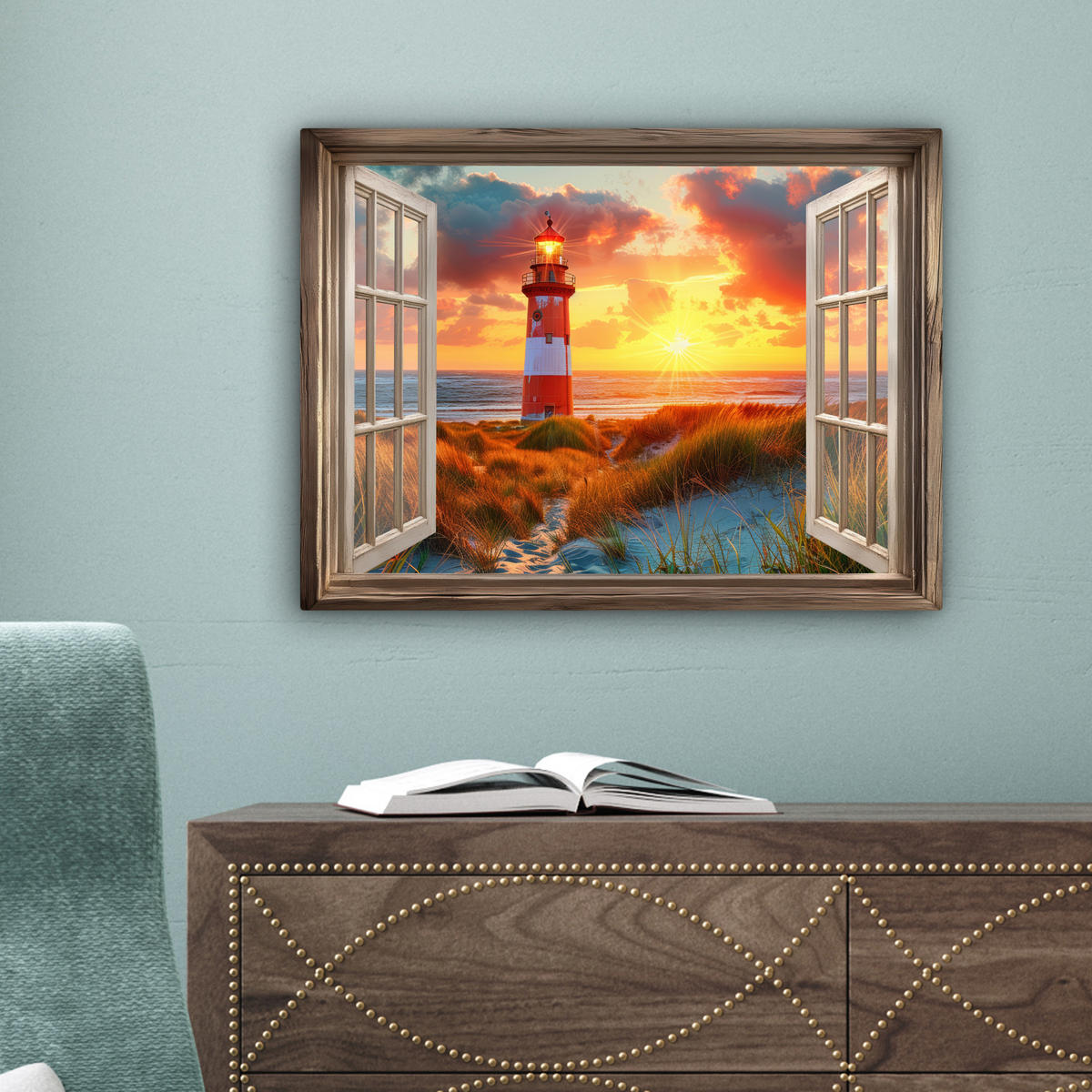 LEINWANDBILD Aussicht - Fenster - Leuchtturm - Sonnenuntergang - Strand 40x30 cm - Dunkelorange, Textil (40/30cm) - MuchoWow
