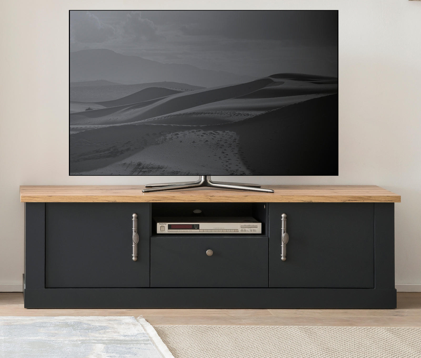 TV-LOWBOARD grau, Eiche Wotan, Landhaus 158 cm, TV Unterteil mit Soft-Close - Silberfarben/Eiche Wotan, Holzwerkstoff/Kunststoff (158/51/45cm) - Furn.Design