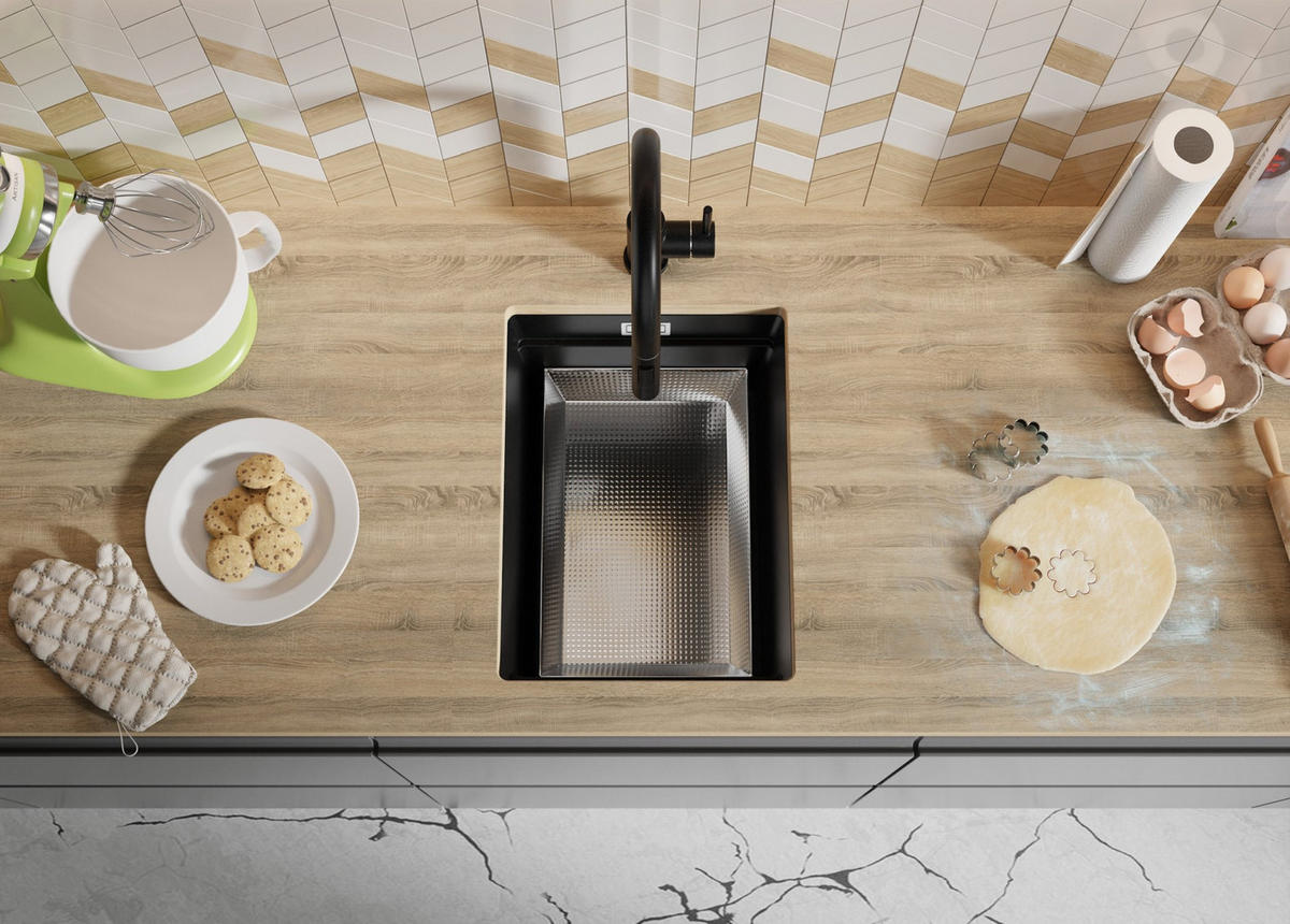 UNTERBAUSPÜLE GRANIT Praga, 2-er set Schwarz 36/47 cm 1 Becken + Küchenarmatur 40/38 cm + Ablauf-Set + Aufrollbare Abtropffläche ab 40er Unterschrank - Schwarz, Kunststoff (36/20/47cm) - Primagran