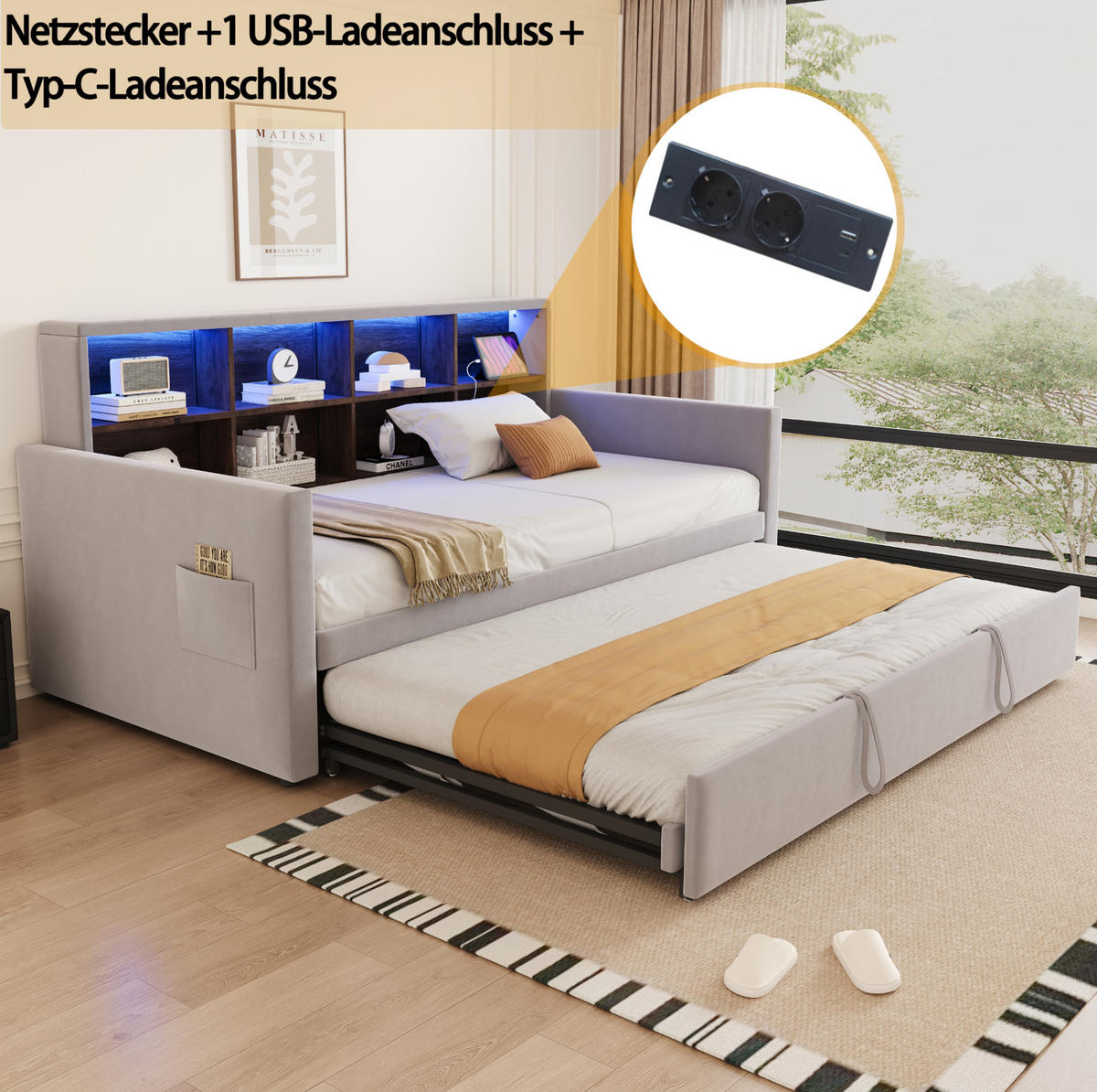 POLSTERBETT 90/190 cm aus Samt mit Ausziehbett, LED und Kopfteil-Staufächern Hellgrau - Hellgrau, Textil (90/190cm) - Modenvie