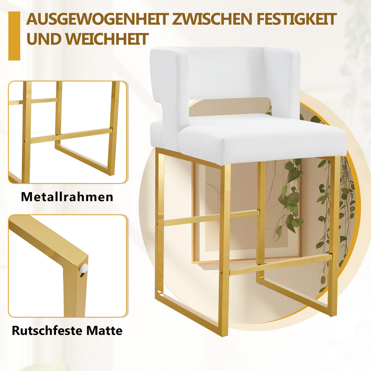 BARHOCKER 2er-Set Weiß mit PU-Leder und goldenen Metallbeinen - Weiß, Metall (48/91.4/53.3cm) - PANGIVO