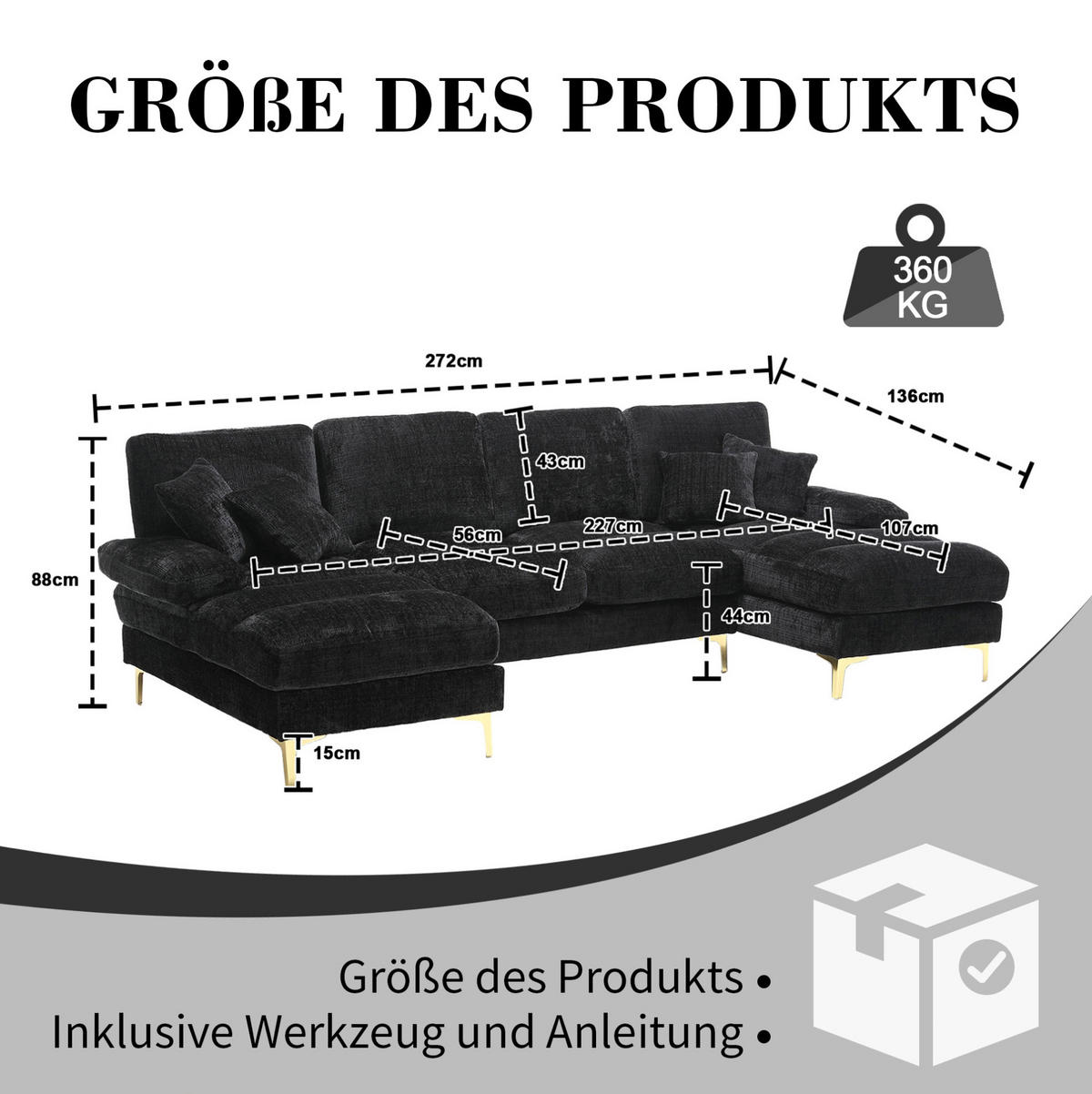 U-FORM Wohnlandschaft Chenille mit 2 Liegeflächen 272/136/88 cm Schwarz - Schwarz, Textil/Metall (136/88/272cm) - Redom