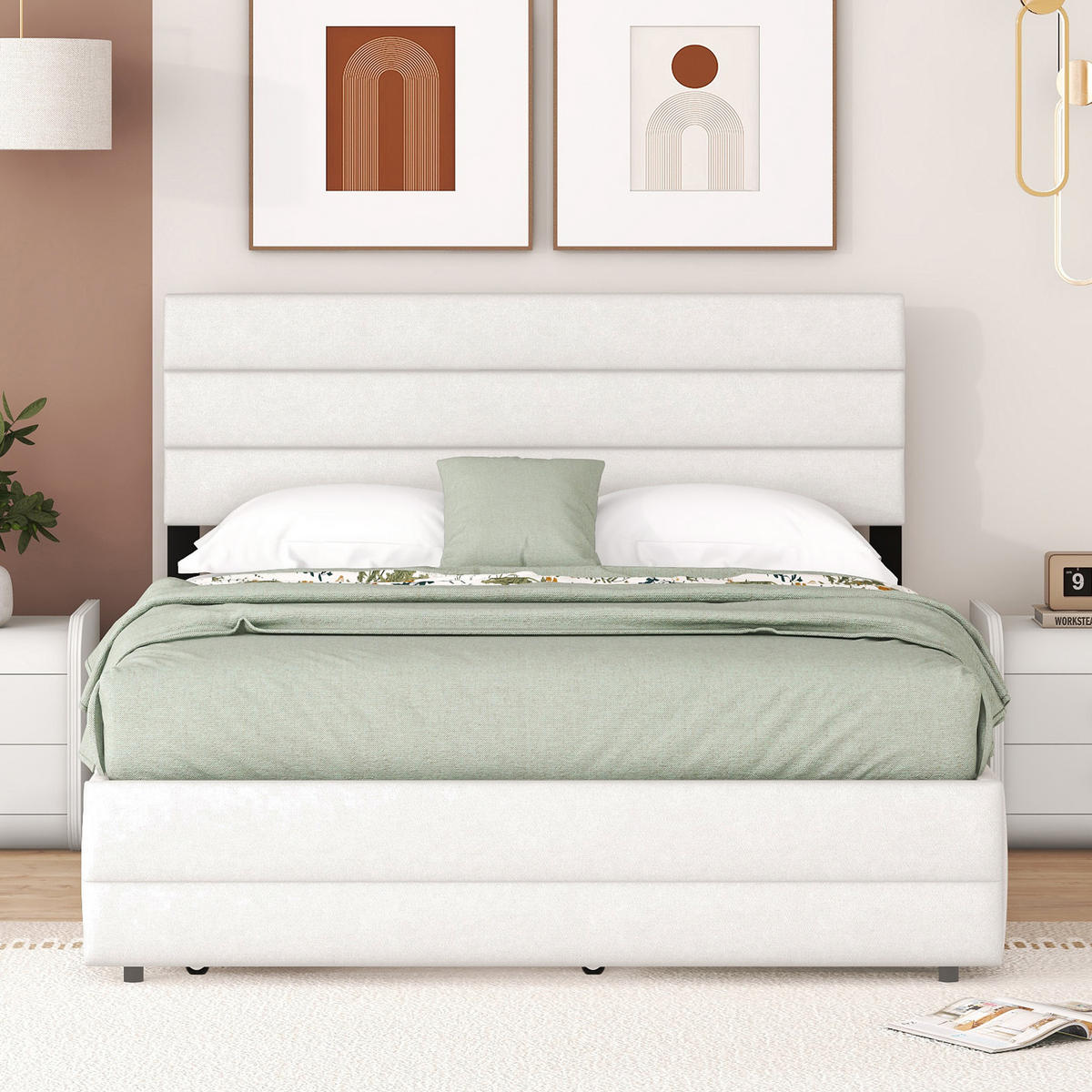 POLSTERBETT 140/200 cm Beige mit Unterbett und Schubladen - Beige, Textil (140/200cm) - OKWISH