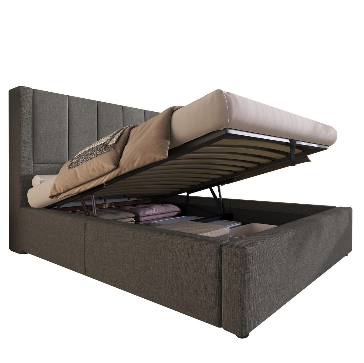 POLSTERBETT aus Leinen 90x200 cm in Grau mit Ladestation & Matratze - Grau, Textil (90/200cm) - Modfu