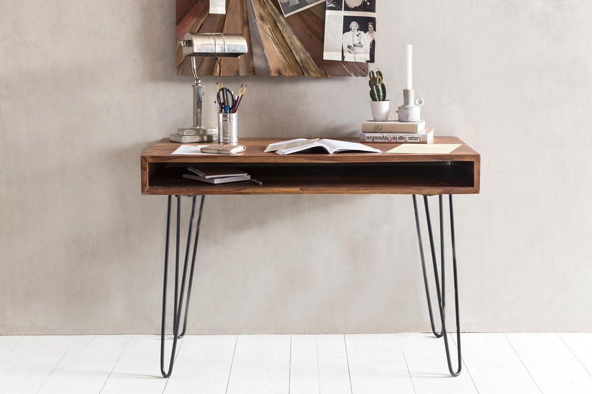 SCHREIBTISCH – Massivholz, Industrial Retro, große Platte, Haarnadelbeine - Schwarz/Braun, Holz/Metall (60/110/76cm) - KADIMA DESIGN