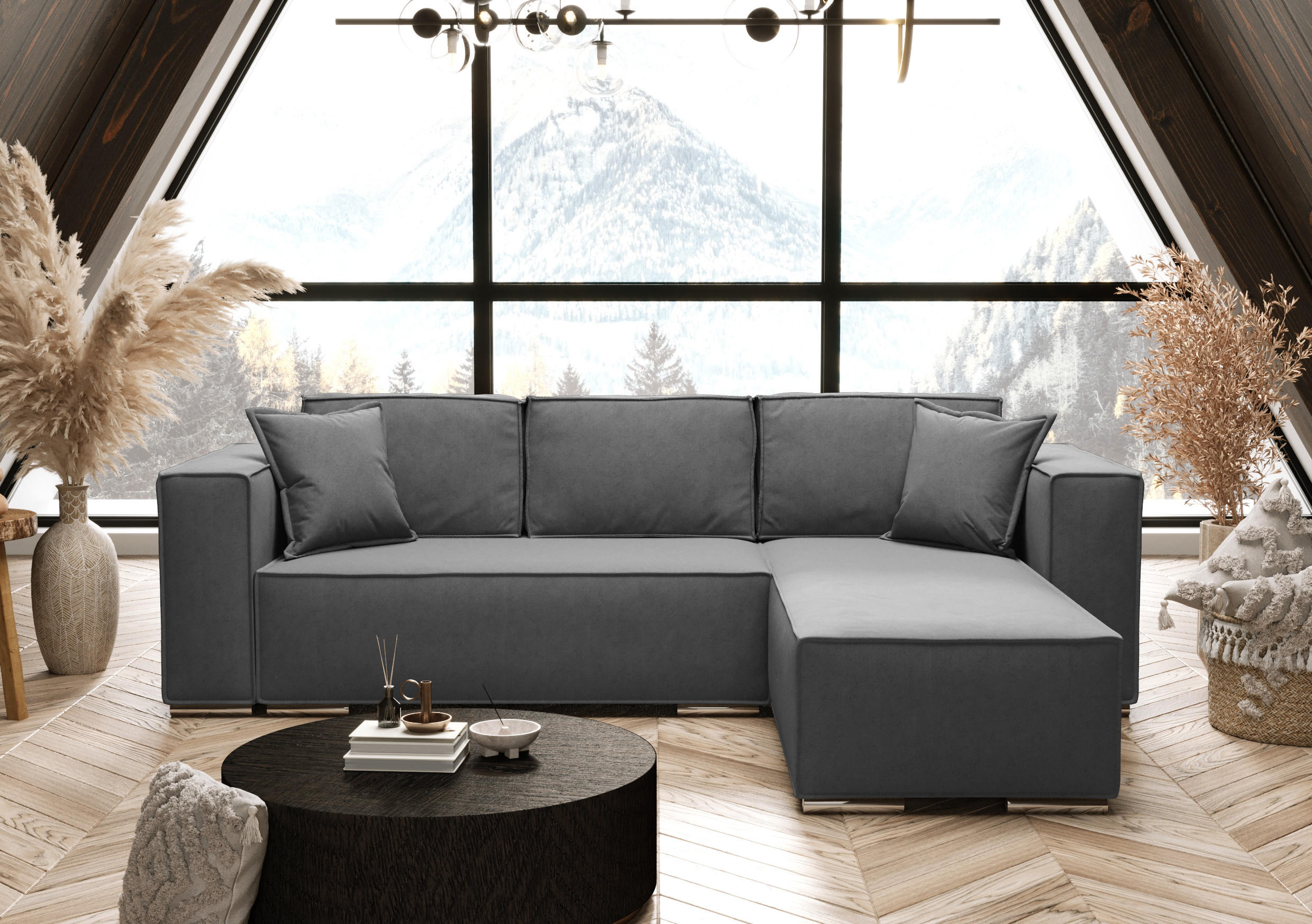 ECKSOFA L Form Vinoria Grau 255/180/82 cm Rechts mit Schlaffunktion - Chromfarben/Dunkelgrau, Textil/Metall (255/180cm) - AX Living
