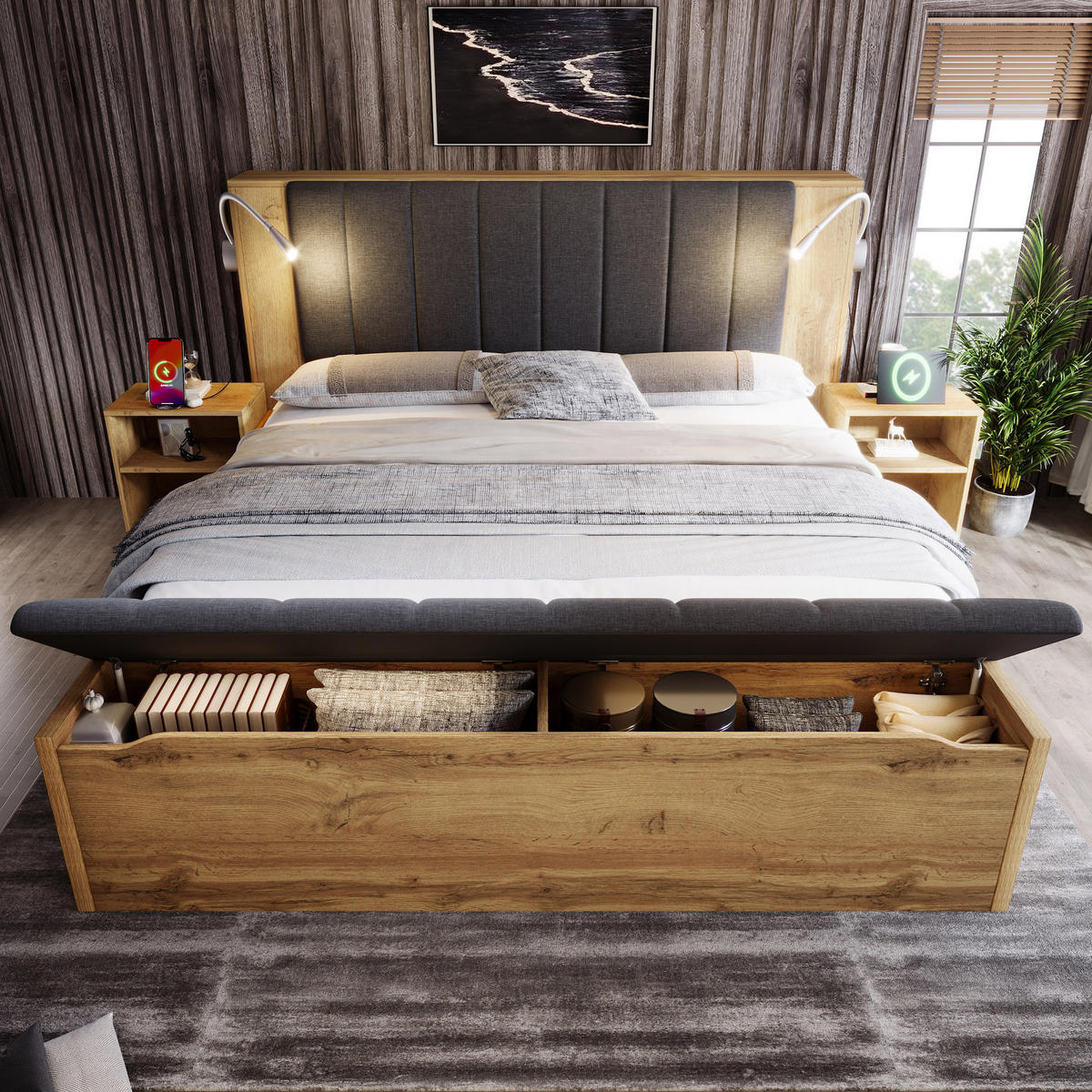 BETTANLAGE 160x200cm mit Matratze, Doppelbett Polsterbett mit Nachttischen, Benttbank, Leseleuchte und USB - Eichefarben, Holz/Textil (160/200cm) - LVHOM