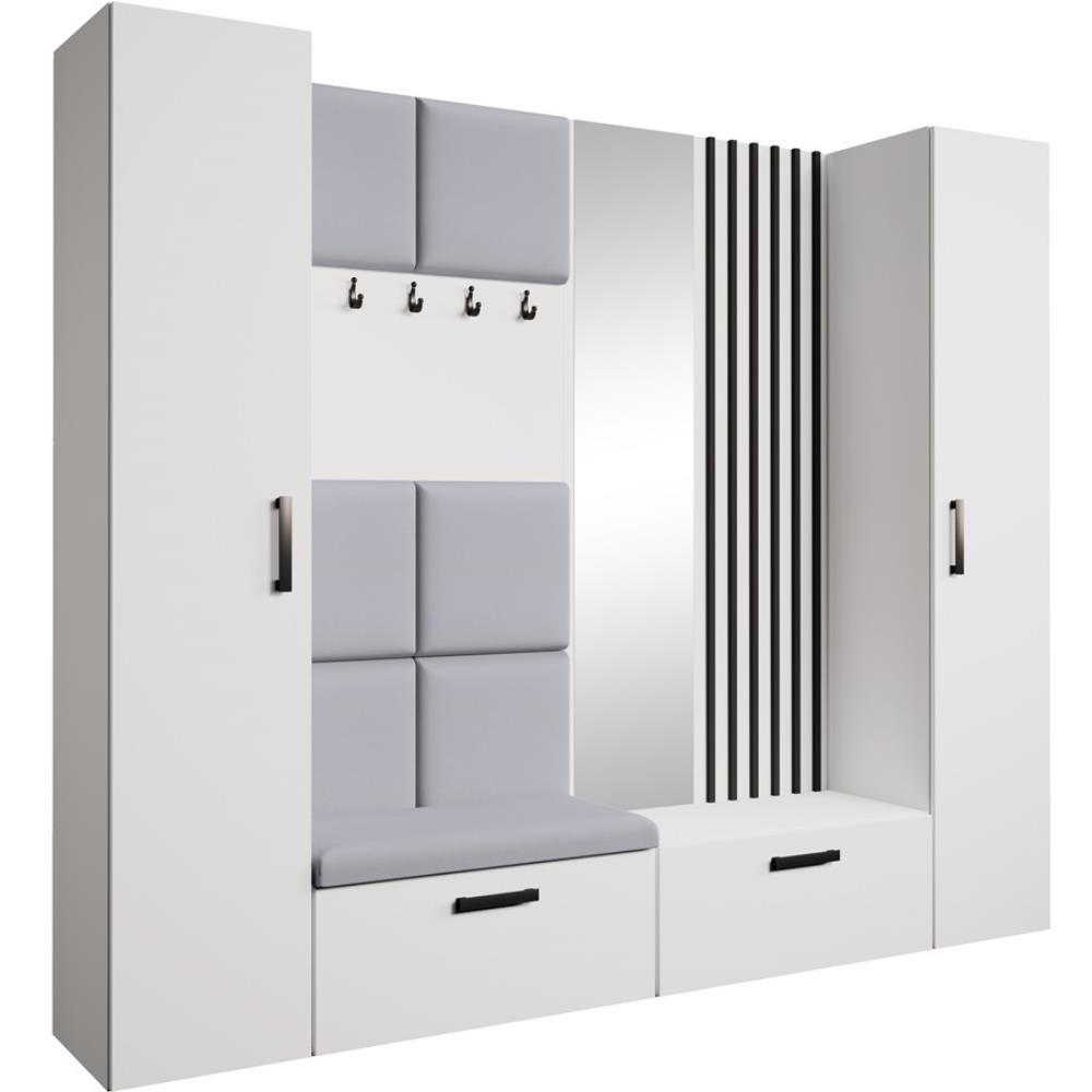 Beautysofa PŘEDSÍŇOVÁ sestava Margaret XL 242/203/43 s čalouněnými panely / lamelami / zrcadlem, bílá