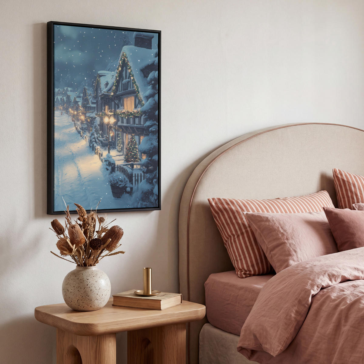 LEINWAND Bilder mit Rahmen - Weihnachtsdorf - Weihnachten - Schnee - Winter - 40x60 - Dunkelblau, Textil (40/60cm) - MuchoWow