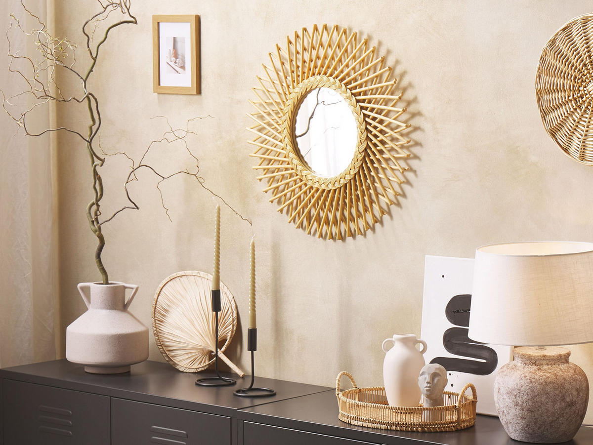 WANDSPIEGEL Rattan natürlich Sonnenform 60 cm Tagolu - Beige/Naturfarben, Naturmaterialien (60/60/1cm) - Beliani