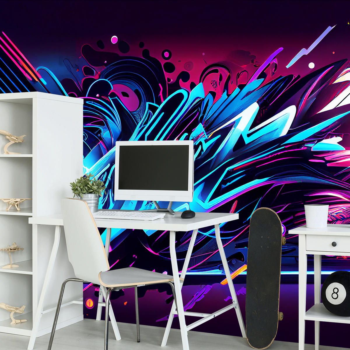 FOTOTAPETE für Jugendzimmer Neon Graffiti Schriften 400x280 - Blau/Gelb, Papier (400/280cm) - Muralo