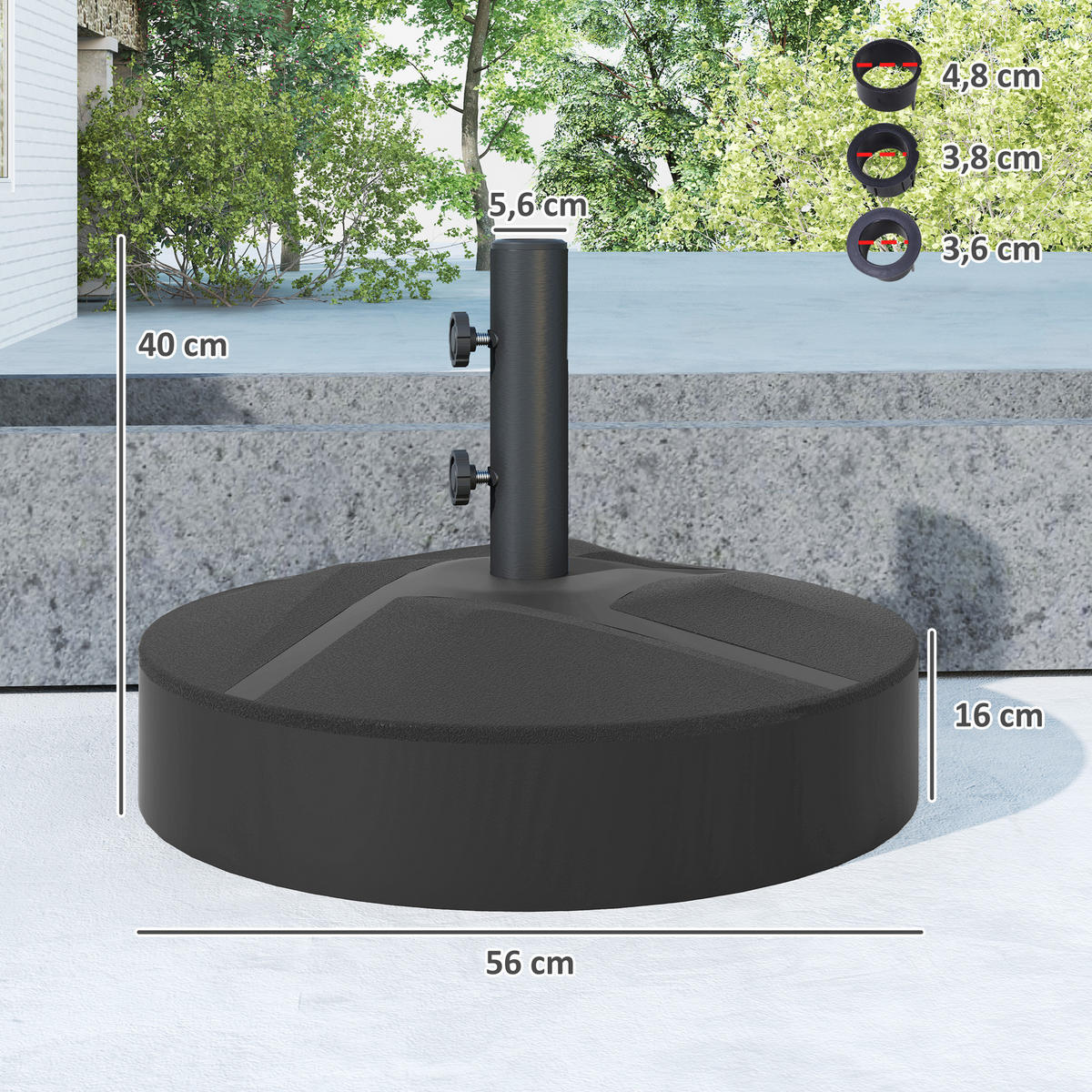 SONNENSCHIRMSTÄNDER DE-05506 Befüllbar, rund Schwarz - Schwarz, Metall (56/56cm) - ComfortXL