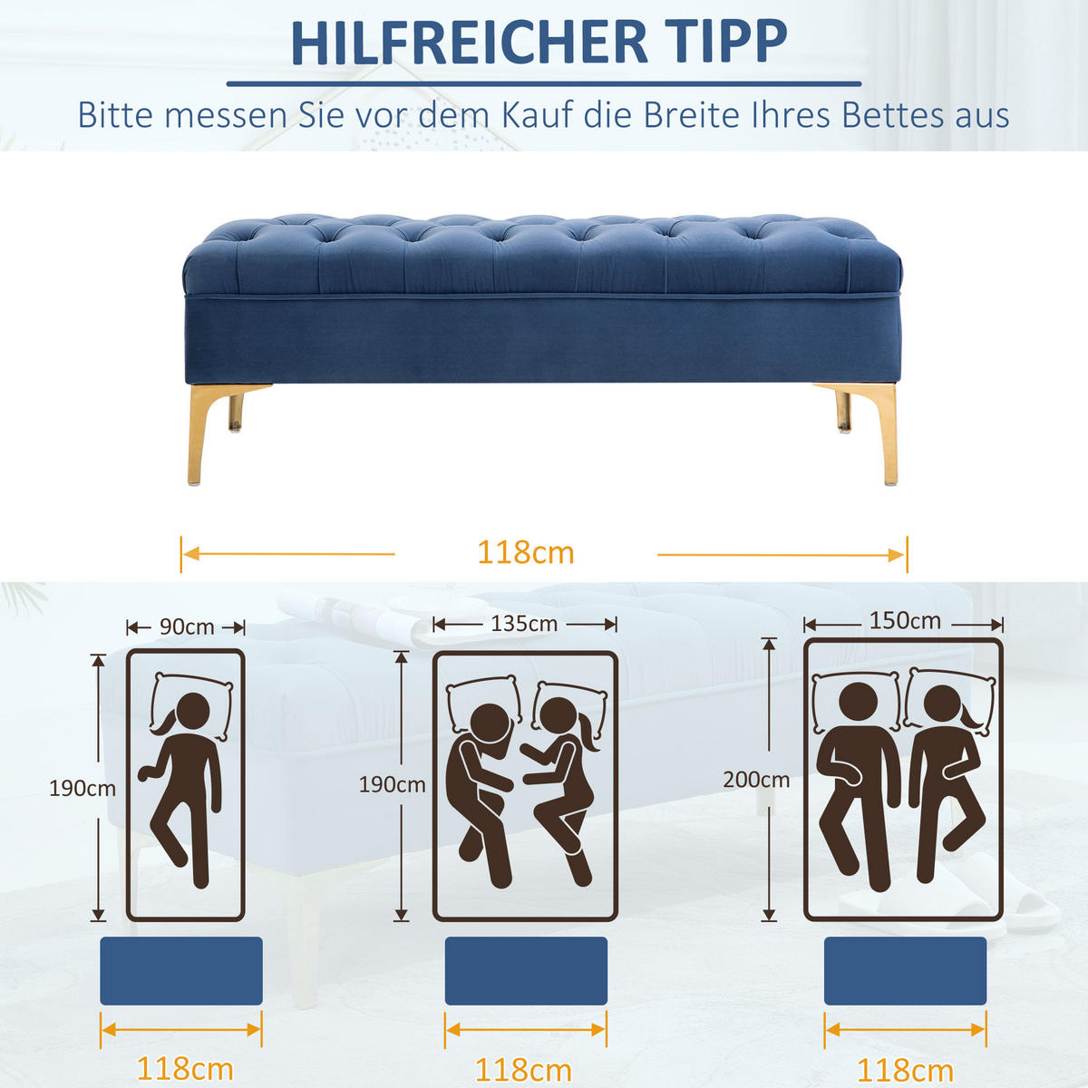 SITZBANK Bettbank Schuhbank mit erhöhten Beine Schlafzimmer Samt Blau - Blau, Kunststoff (45/42/118cm) - HOMCOM