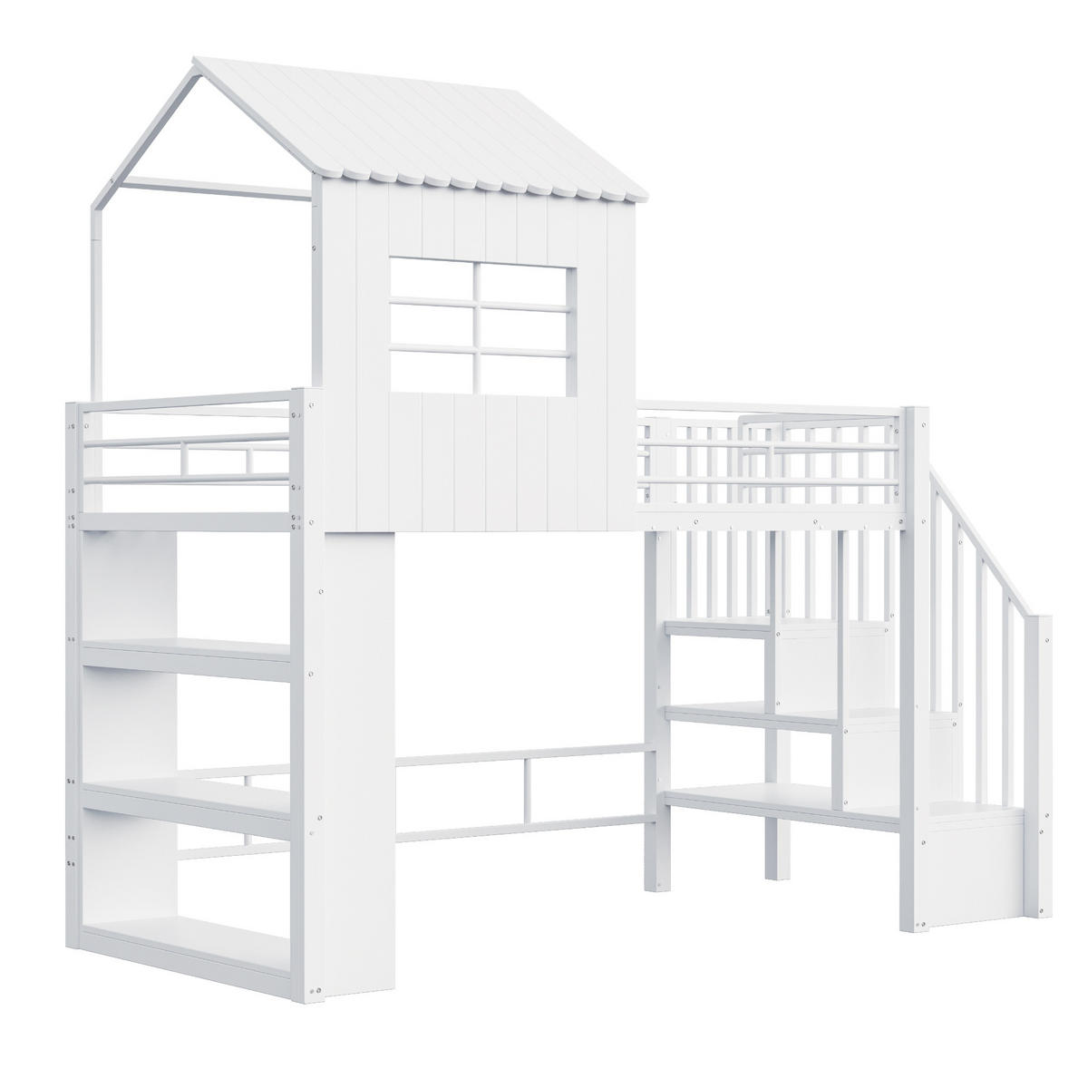 HAUSBETT 90x200 Weiß Metall Stauraum Treppe - Weiß, Metall (90/200cm) - FLIEKS