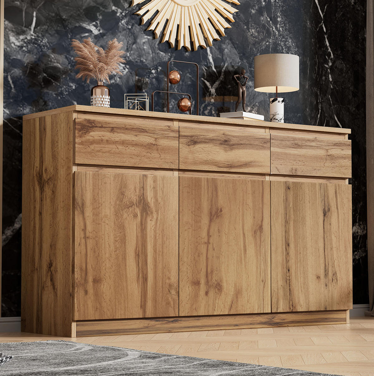 SIDEBOARD aus Spanplatte 135x40x81 cm Holzfarben mit 3 Türen, 3 Schubladen und verstellbaren Einlegeböden - Naturfarben, Holzwerkstoff (135/81/40cm) - Modfu
