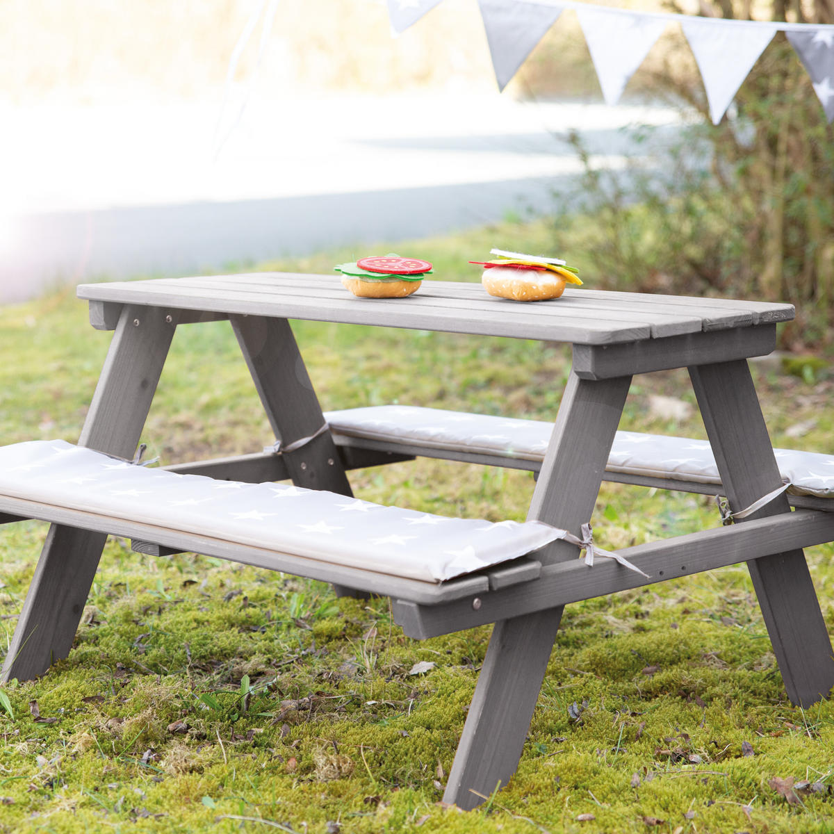 KINDERSITZGARNITUR OUTDOOR + in grau mit Bankkissen - Hellgrau, Holz - Roba
