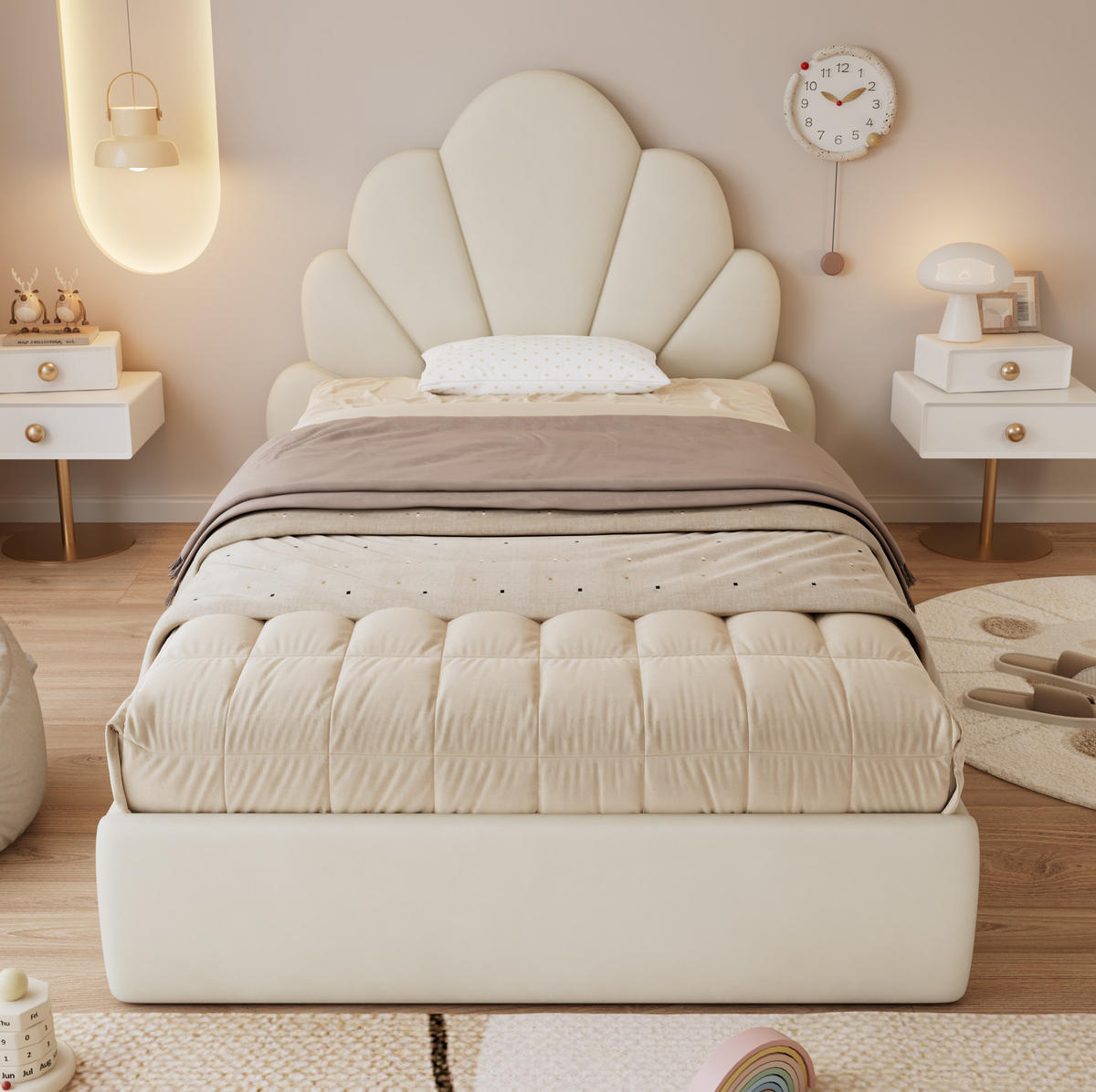 POLSTERBETT 90/200 cm aus Samt mit blütenförmigem Kopfteil Beige - Beige, Textil (90/200cm) - Modenvie