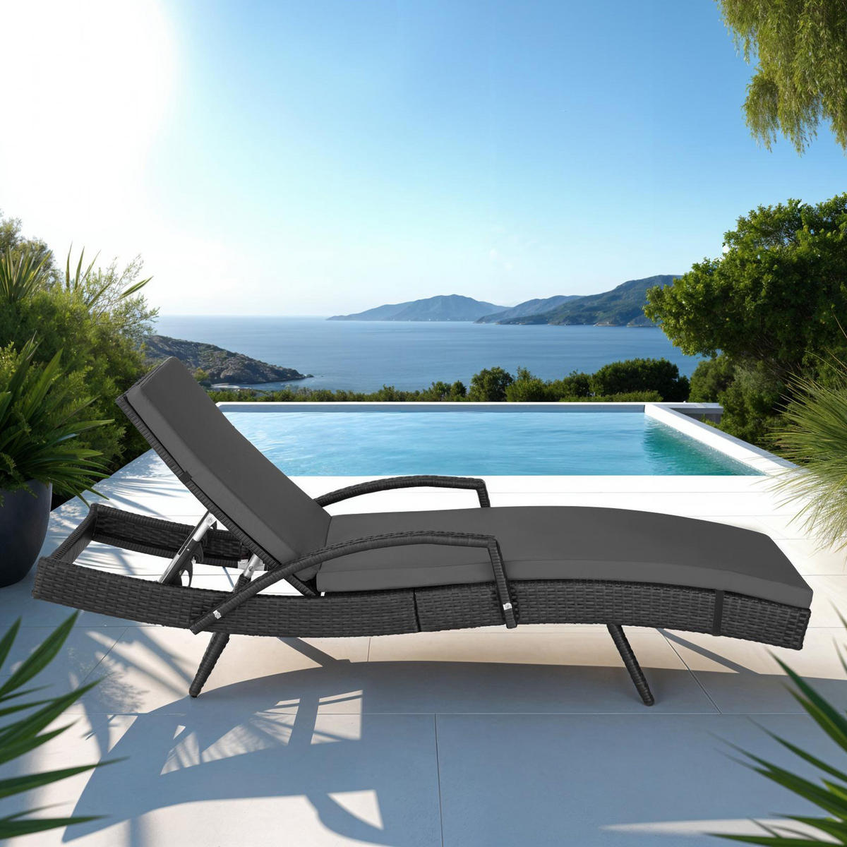RATTAN-SONNENLIEGE Océane,190 x 71 x 34 – 74,5 cm,schwarz - Schwarz, Kunststoff (71/74.5/190cm) - tectake