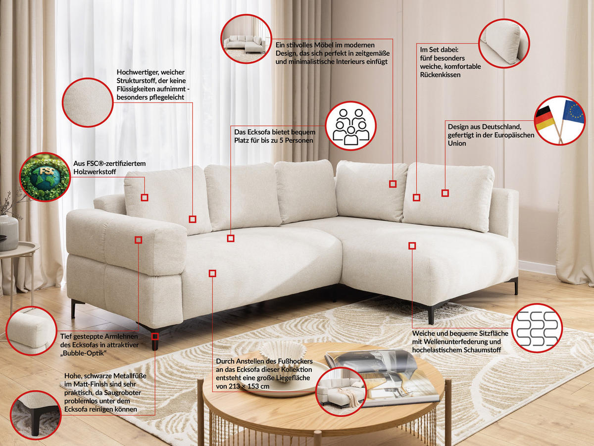 ECKSOFA inkl. Hocker Cardea mit Schlaffunktion in Bubble-Optik aus weichem Creme Strukturstoff und hohem Sitzkomfort - Ottomane rechts - Creme/Schwarz, Holz/Textil (230/170cm) - S-Style Möbel