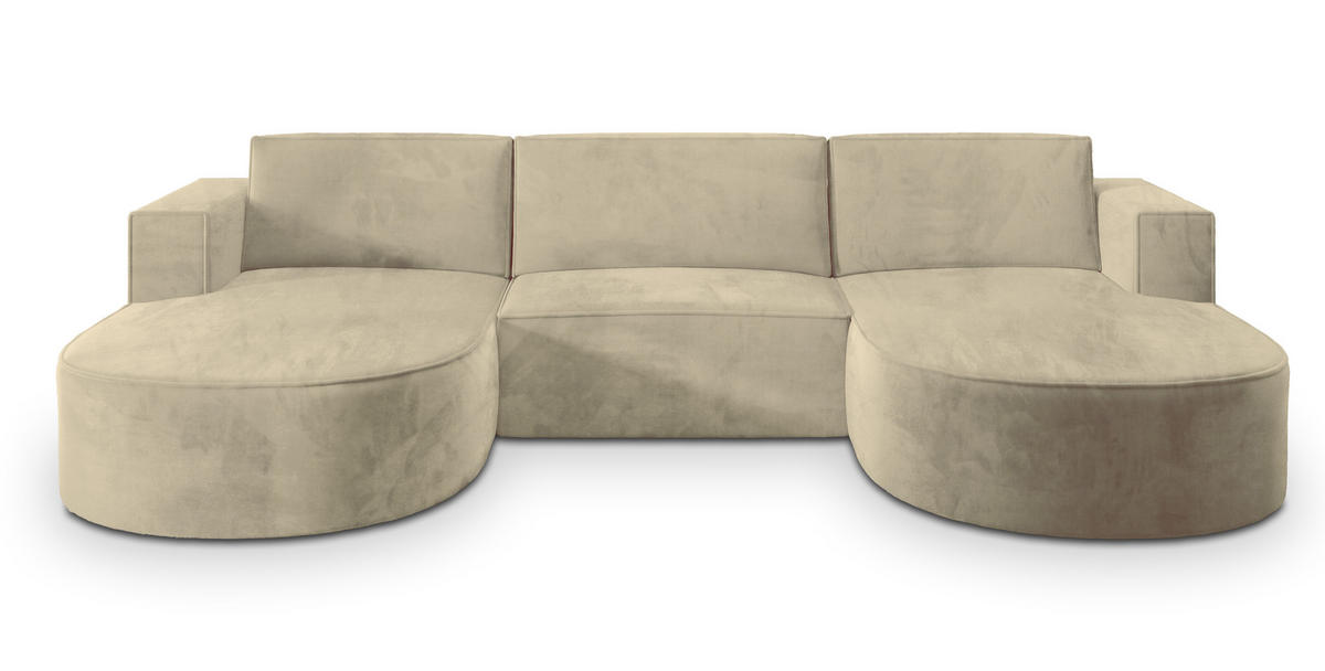 WOHNLANDSCHAFT VEZZO M Creme Velours-Stoff mit Schlaffunktion - Creme, Holz (347/85/174cm) - MASSENO