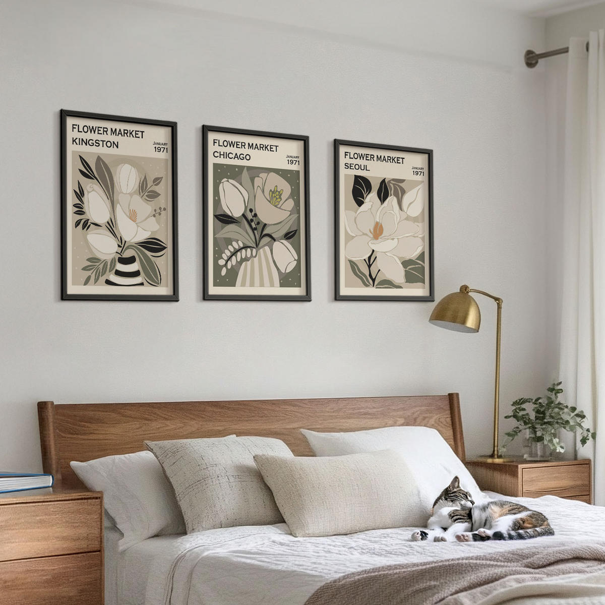 WANDBILDER 3er-Set - 40x60 cm Schwarzer Rahmen - Blumen Kingston Seoul Chicago Retro - Schwarz, Kunststoff (40/60cm) - ArtPrintCave