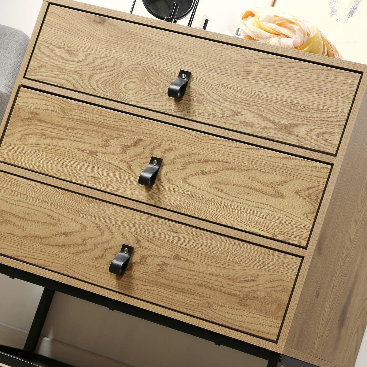 KOMMODE in Eiche-Dekor mit 3 Schubladen und Metallgestell - Eichefarben, Holzwerkstoff (39/79.5/80cm) - Calicosy