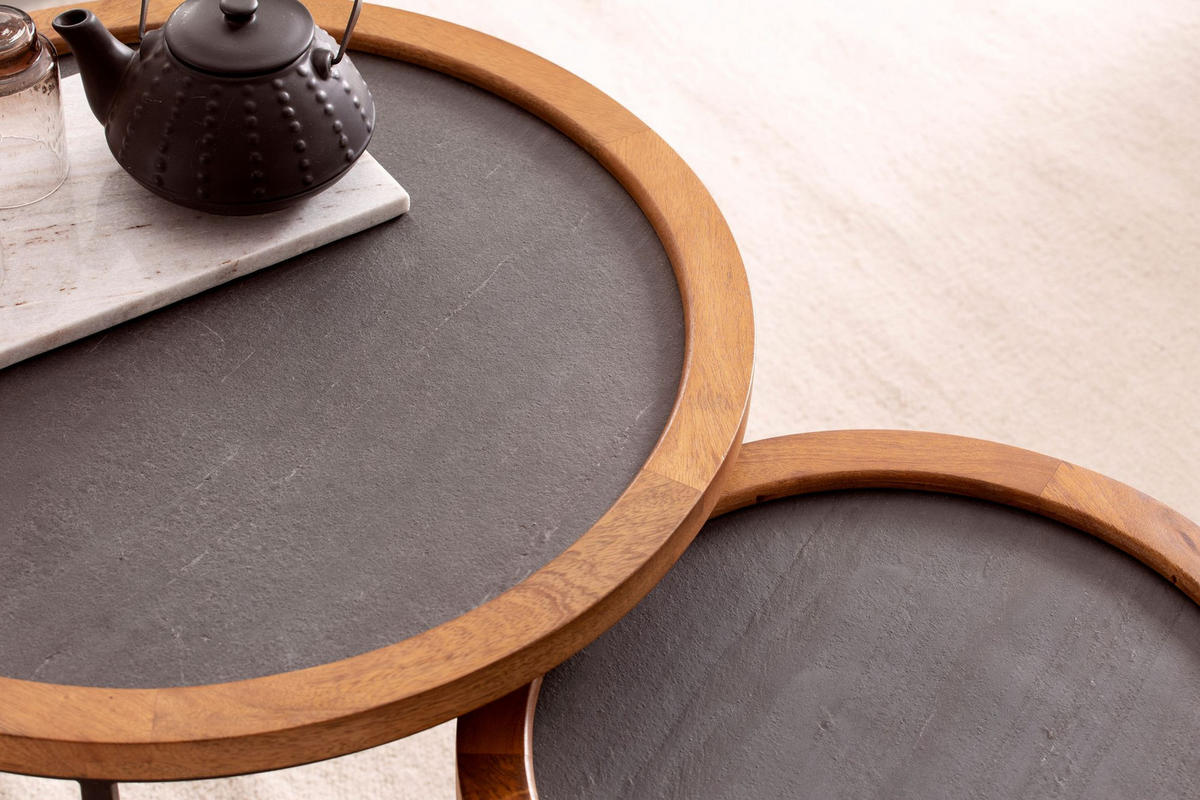 COUCHTISCH Set – 2-teilig Rund Mango Massivholz Steinoptik Metall Braun Anthrazit - Schwarz/Braun, Holz/Metall (60/60/46cm) - KADIMA DESIGN