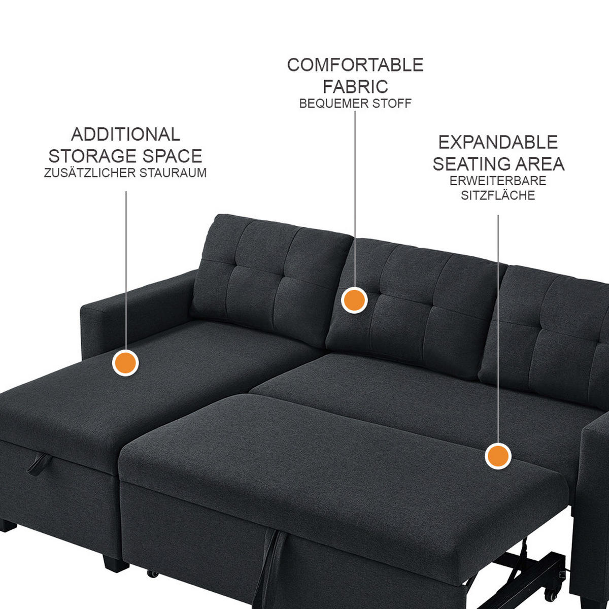 SOFA L FORM Campina Anthrazit 226 x 163 cm mit Schlaffunktion - Anthrazit, Holz (226/163cm) - VitaliSpa