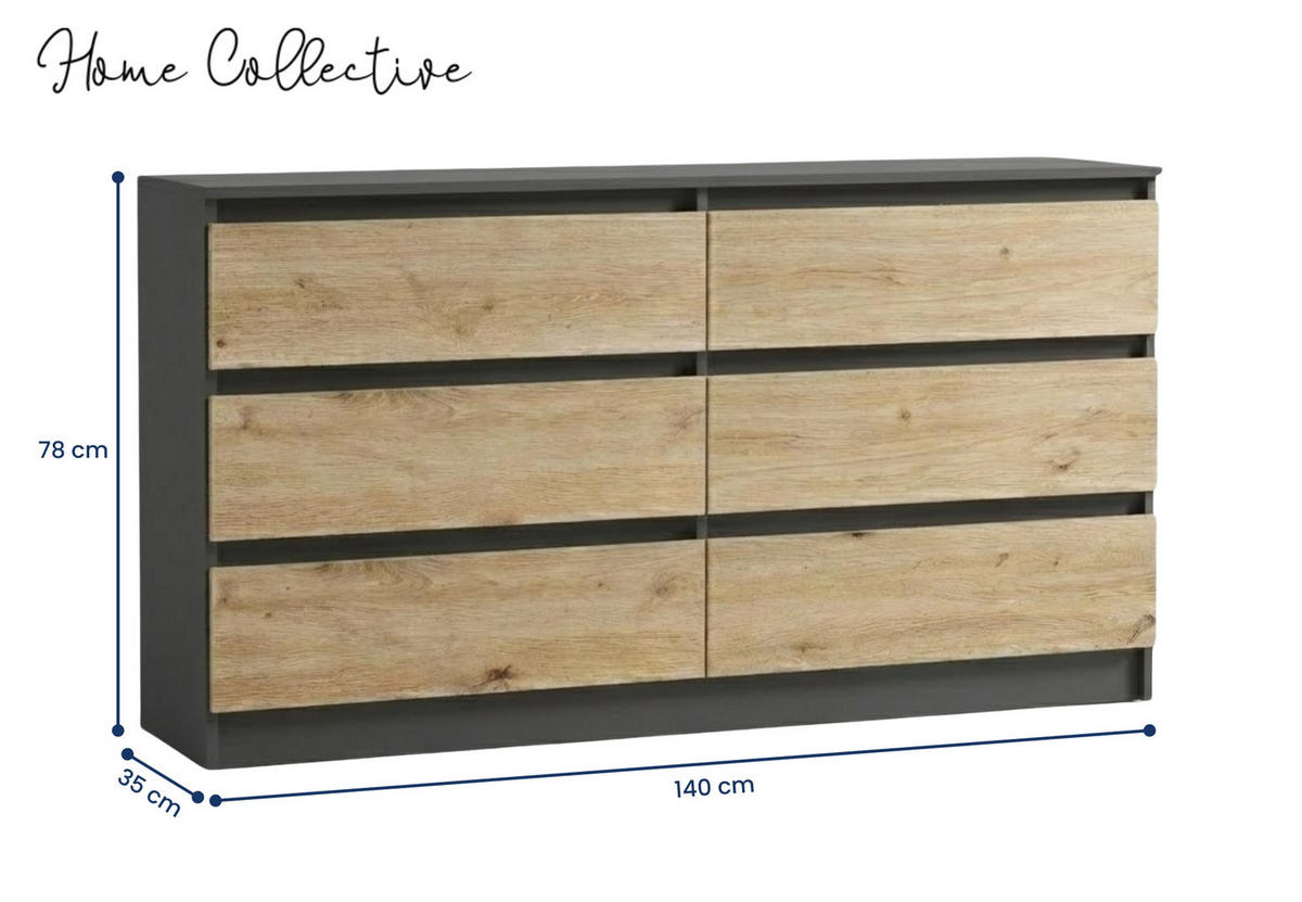 KOMMODE mit 6 Schubladen 140 cm breit in anthrazit-eiche - Eichefarben/Anthrazit, Holzwerkstoff (140/78/35cm) - Home Collective