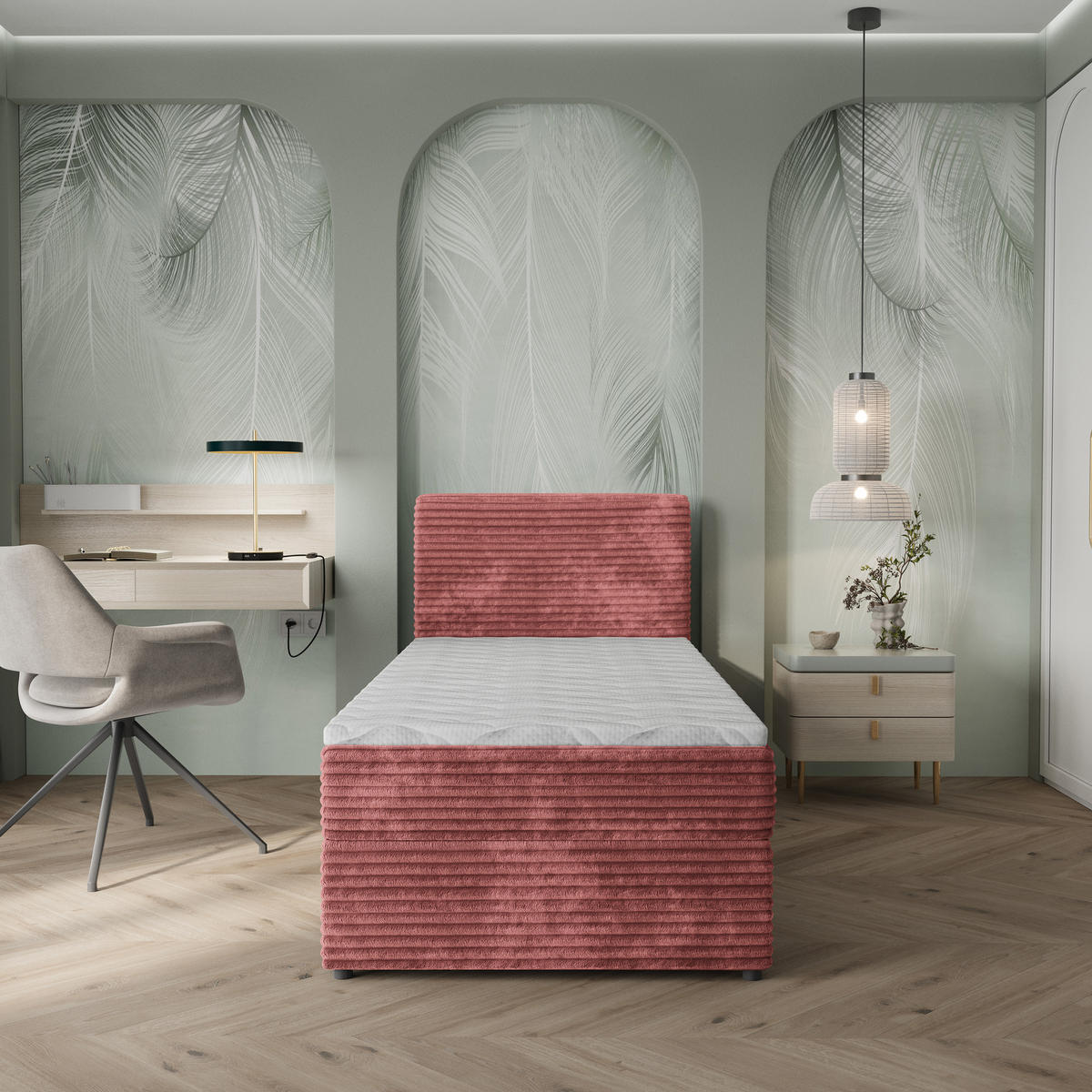 BOXBETT PISA 80 80x200 cm mit Matratze und Topper, H2+H3 - Rosa - Rosa, Holz (80/200cm) - MASSENO