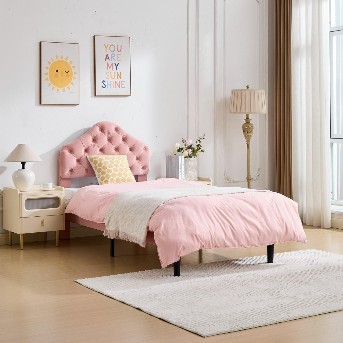 BETT mit verstellbarem Kopfteil 90x200 cm Samt Pink - Rosa, Holzwerkstoff (90/200cm) - Meubliv