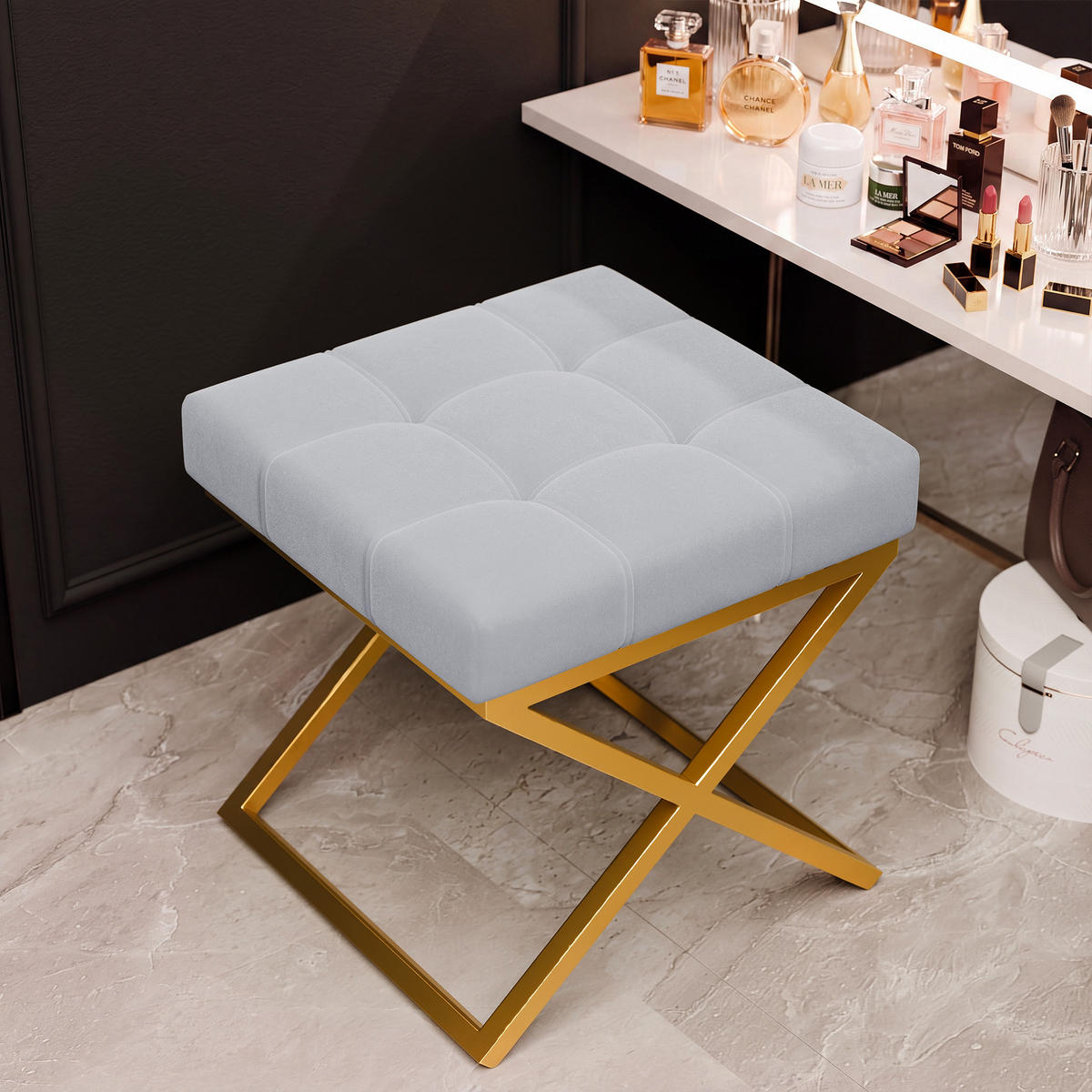 HOCKER LIND 45/45/45 cm, Goldfarben / Grau - Goldfarben/Grau, Textil/Metall (45/45/45cm) - Idohome