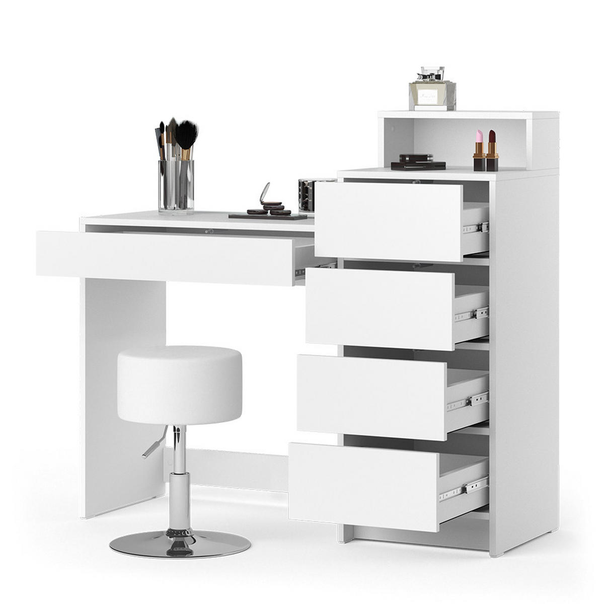 SCHMINKTISCH Naara Weiß 110.5 cm mit Hocker - Weiß, Holzwerkstoff (40.3/110.5/100.6cm) - Vicco
