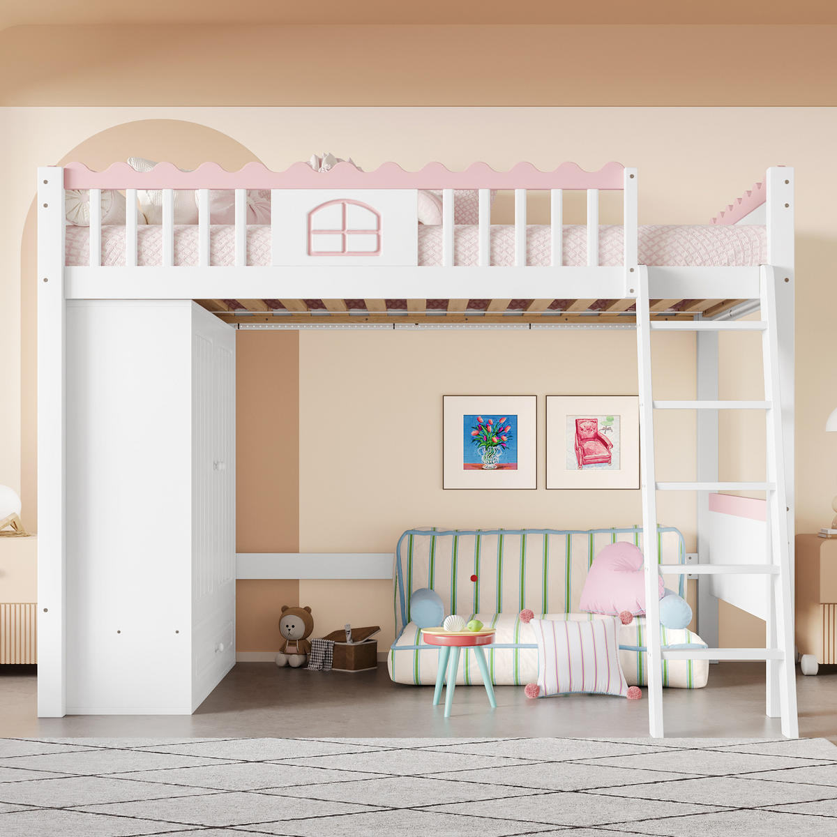 HOCHBETT 90/200 cm in Weiß mit Kleiderschrank, Schublade und LED - Weiß, Holz (90/200cm) - STILVORA