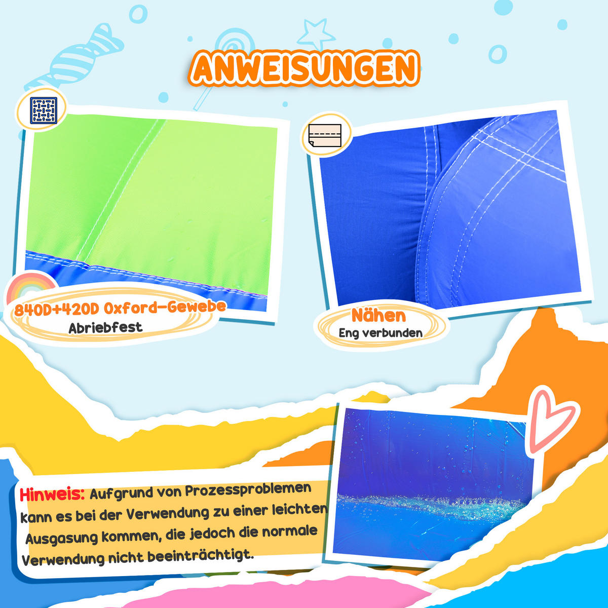 HÜPFBURG, Oxfordstoff, Mehrfarbig - Blau, Kunststoff (380/340/170cm) - Outsunny